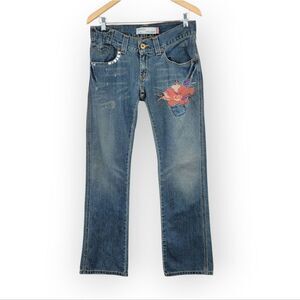 Levi's Y2K 504 Slouch Straight Blue Jeans with Floral Embroidery Studs